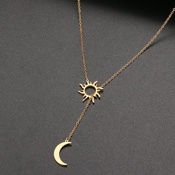 Celestial Sun & Moon Gold Lariat Necklace